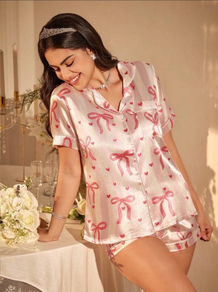 LuxeNights 2pcs Womens Bow Print Pocket Short Sleeve Top And Shorts Set, Spring/Summer